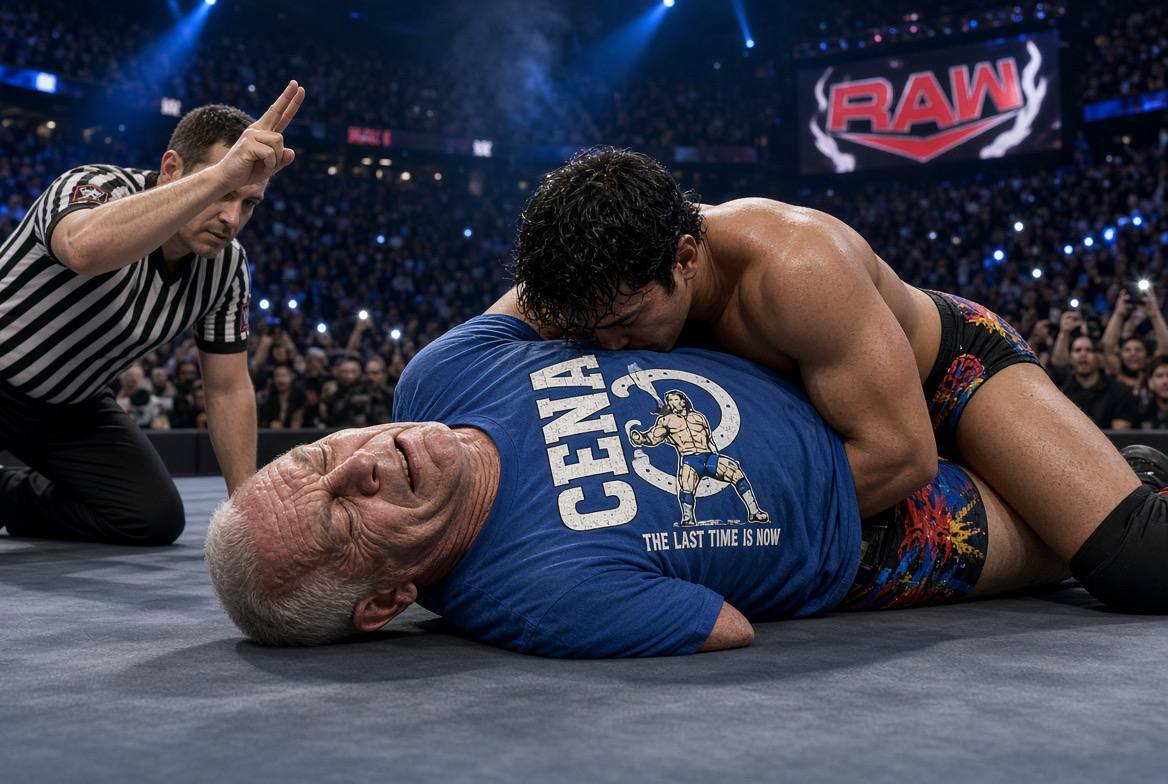 Veteran in a blue CENA The Last Time Is Now shirt pinned on the mat at RAW while the referee counts